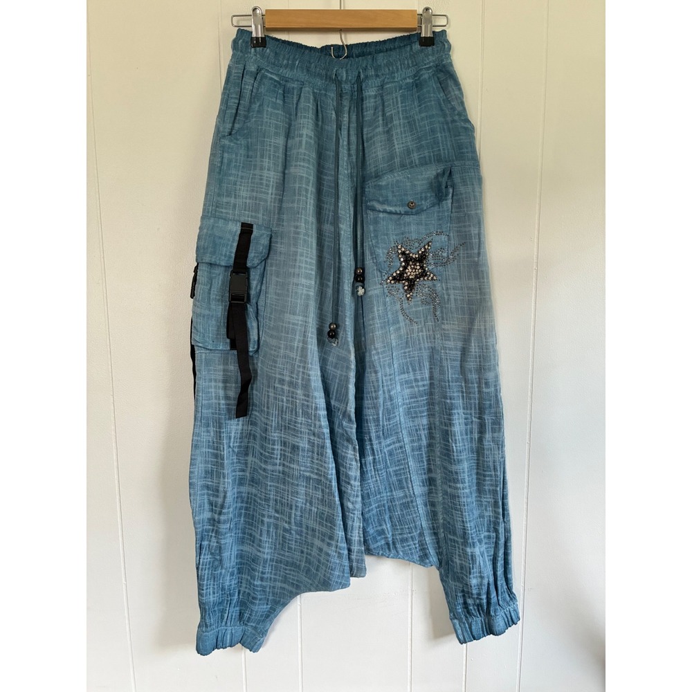 Signet Blue Textured Cotton Star Rhinestone Harem Cargo Pants L 30